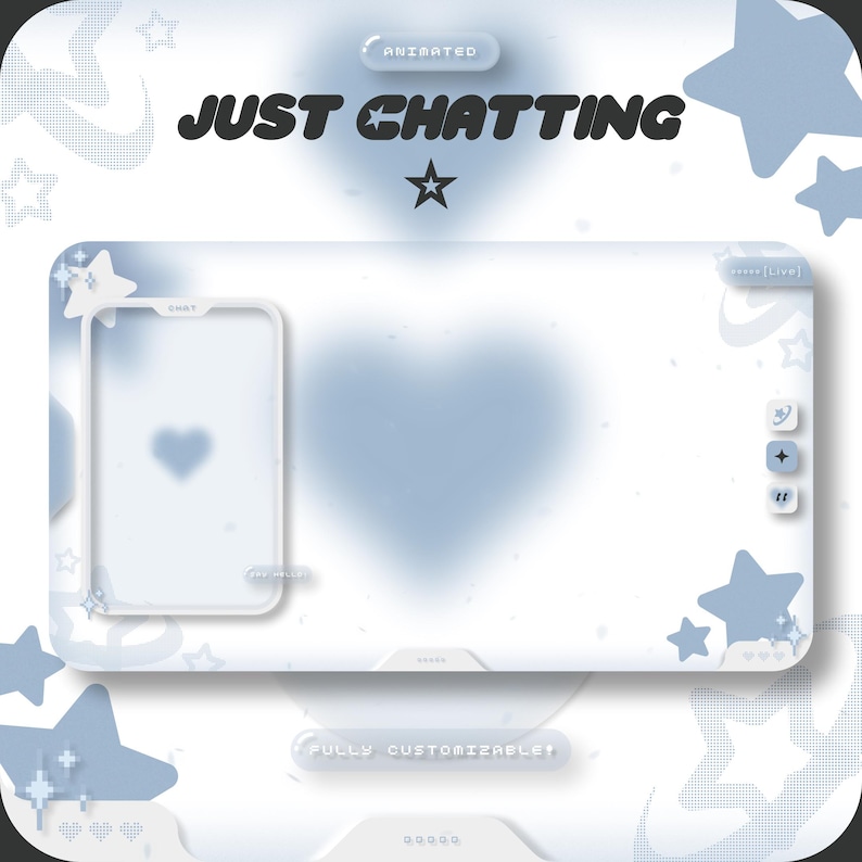 Pode incluir: Uma sobreposi&ccedil;&atilde;o de stream do Twitch animada branca e azul com o texto "JUST CHATTING" em preto. A sobreposi&ccedil;&atilde;o apresenta uma forma de cora&ccedil;&atilde;o, estrelas e uma moldura em forma de telefone.