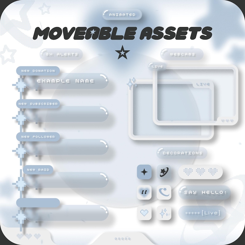 Pode incluir: Uma sobreposi&ccedil;&atilde;o animada azul e branca para streaming ao vivo com o texto "Moveable Assets" no topo. A sobreposi&ccedil;&atilde;o inclui se&ccedil;&otilde;es para alertas de bate-papo, webcams, decora&ccedil;&otilde;es e uma moldura de streaming ao vivo. A sobreposi&ccedil;&atilde;o &eacute; projetada para uso no Twitch, YouTube ou outras plataformas de streaming ao vivo.