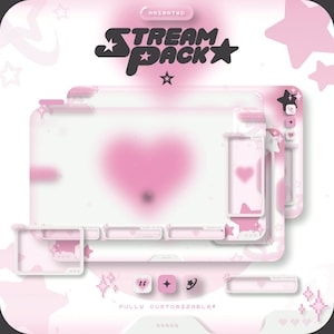 May include: A digital stream pack overlay set featuring a soft pink and white color palette with heart and star motifs. The design includes various rectangular frames, small icons, and the text "STREAM PACK" and "FULLY CUSTOMIZABLE".
