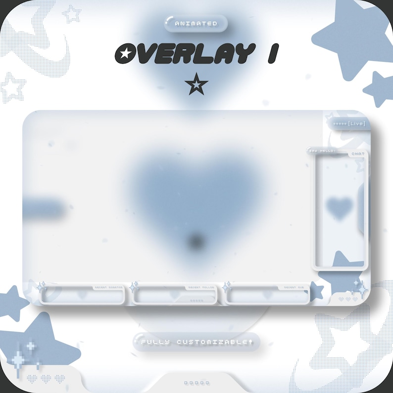 Pode incluir: Overlay animado do Twitch com um cora&ccedil;&atilde;o azul, estrelas e o texto "OVERLAY I" e "FULLY CUSTOMIZABLE!" em uma fonte pixelada.