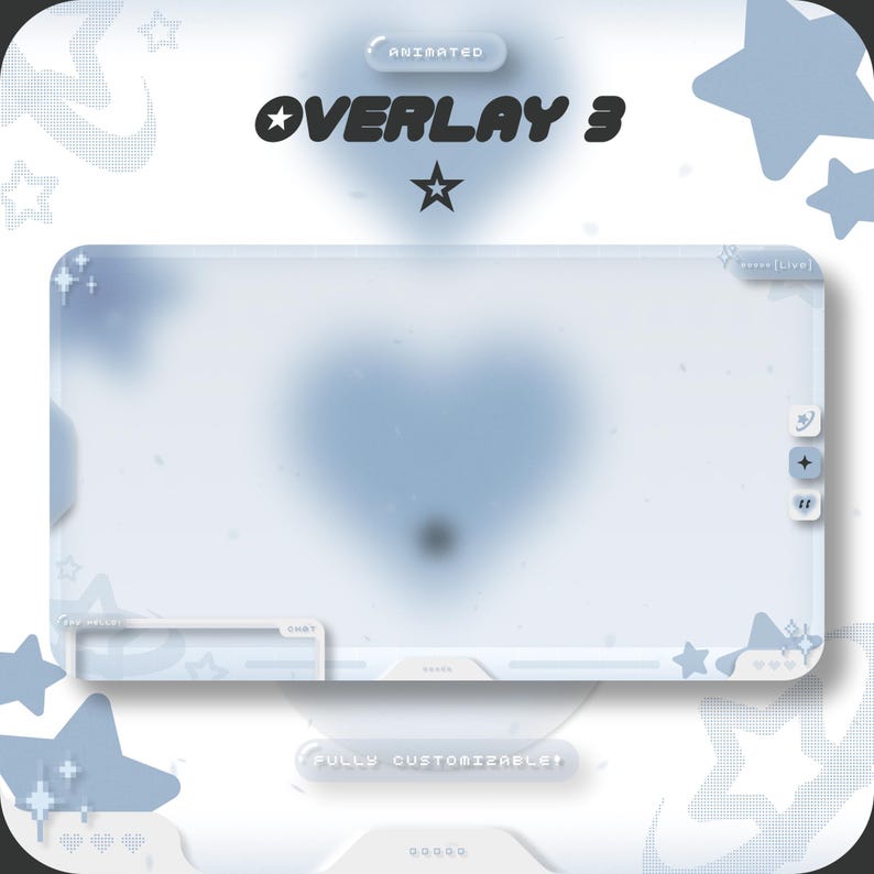 Pode incluir: Uma sobreposi&ccedil;&atilde;o animada do Twitch azul e branca com uma forma de cora&ccedil;&atilde;o no centro. A sobreposi&ccedil;&atilde;o &eacute; etiquetada como "OVERLAY 3" e diz "FULLY CUSTOMIZABLE!" na parte inferior.