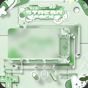 Könnte beinhalten: Ein digitales Stream-Overlay-Set in hellen Grüntönen, bestehend aus einem Hauptanzeigerahmen, einer Chat-Box und verschiedenen UI-Elementen. Das Design umfasst pillenförmige Symbole, Kreuzsymbole und hängende Anhänger mit dem Text CHAT und ANIMATED.