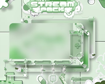 Pacote de sobreposição animada para transmissões ao vivo no estilo de jogos portáteis | Tema fofo de console verde | Adesivos e pingentes personalizáveis | Twitch + OBS
