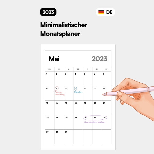 Druckbarer Monatsplaner 2023. Umblätter-Kalender 2023. A4, A3. Minimalistisch. Hochformat (vertikal) Ausrichtung. Digitales PDF und PNG.