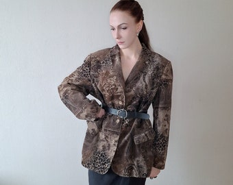 Giacca blazer vintage anni '80 e '90 Gerry Weber in cordoroy oversize con stampa animale astratta in kaki