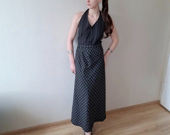 Vintage 1980s wool blend A line check pattern maxi skirt in black and cream