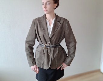 Vintage, übergroße Unisex-Blazerjacke aus weichem Wildlederimitat im klassischen Schnitt in Khaki