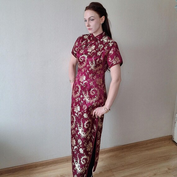 knee length dresses for ladies Floral American Sleeve Cheongsam Long Dress