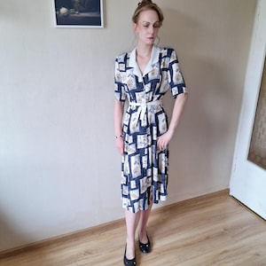 90s Floral Geometric Midi Dress: Vintage Belted Tea Dress