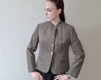 Giacca / blazer dal taglio dritto in finta pelle scamosciata vintage in kaki