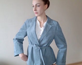 Vintage faux suede classic wrap blazer jacket with belt in sky blue