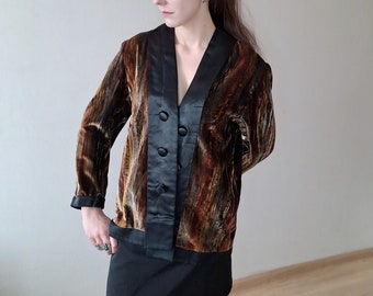 Blazer vintage tipo jersey de terciopelo con frente abierto y solapas en contraste en negro y cobre