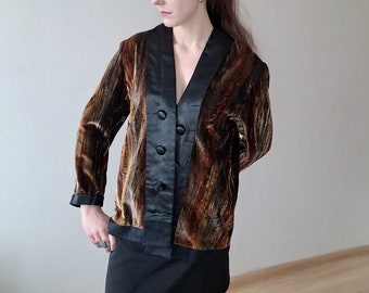 Blazer vintage in velluto aperto sul davanti con risvolti a contrasto in nero e rame