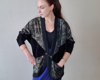 Vintage 1980s contrast panel oversized bomber jacket in black and multicolor