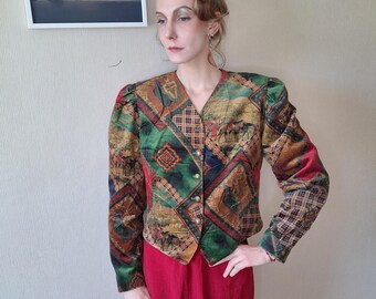 Vintage 1980s velvet look artsy bright abstract print cropped blazer in multicolor