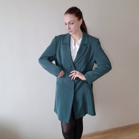 Vintage 90s longline tailored blazer in emerald g… - image 4