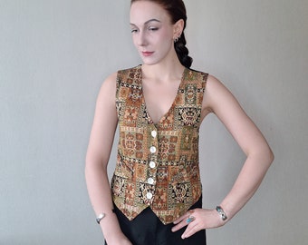 Vintage 90s geometric pattern textured waistcoat in brown