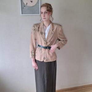 Vintage Jean Claude Paris Linen Blazer: Green Floral Print, Made in France