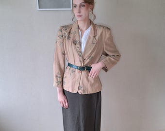 Vintage Jean Claude Paris Linen Blazer: Green Floral Print, Made in France