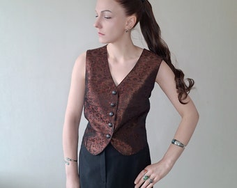 Gilet de costume en brocart Marc Aurel vintage des années 1990 avec dos de corset en bronze et noir