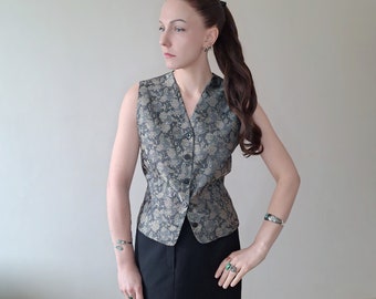 Élégant gilet de costume floral en brocart vintage des années 1990 en argent et gris