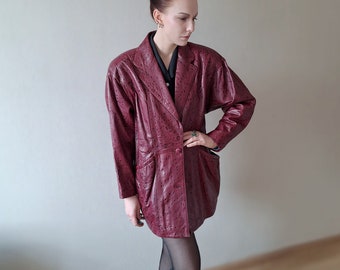 Vintage 1980s genuine leather striking longline, oversized jacket in fuchsia pink