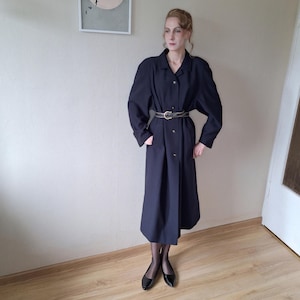 Vintage 1990s classic oversized long maxi tailored trench coat in navy blue