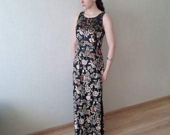 1990s Vintage Floral Velvet Maxi Dress: Sleeveless Elegant Gown