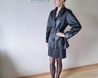 Vintage 1990s genuine leather tailored classic blazer jacket in black