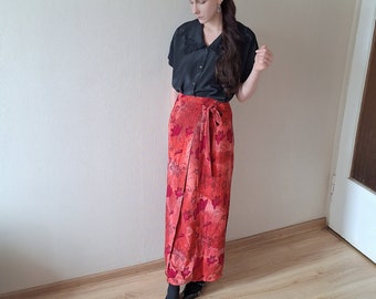 Vintage 90s floral wrap maxi skirt in vibrant red