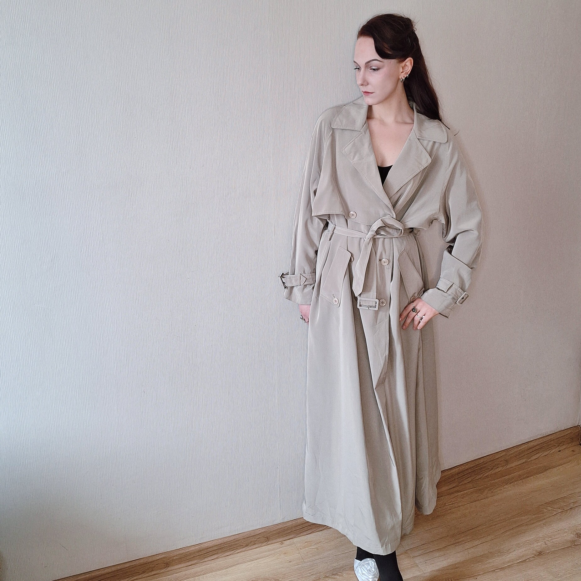 ジャケット・アウター 80s Vintage Classic Super Long Coat. Womens Leather Trench Coat Green M-L-XL? Long SOFT Lambskin
