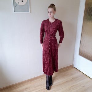 Vintage 90s Maroon Velvet-Look Maxi Dress: Long Sleeve Button-Down