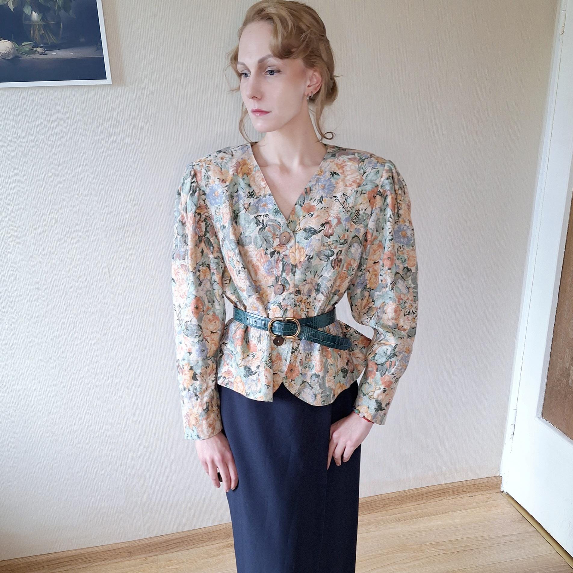 Vintage 1980s Linen Floral Blazer: Voluminous Sleeve Beige Jacket