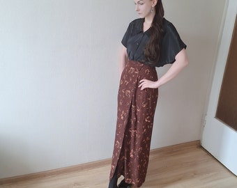 Vintage 90er Jahre Maxi Wickelrock in Braun mit Blumenmuster