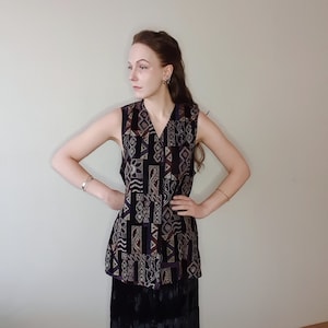 Vintage 1990s velvet look longline geometric print waistcoat, abstract vest in black
