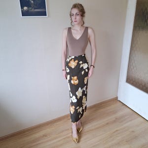 Jupe longue en coton à imprimé floral vintage des années 90 - jupe portefeuille crème marron