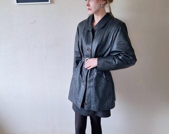 Vintage 1980s genuine leather oversized longline puff sleeve jacket in navy blue