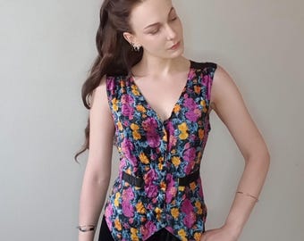 Vintage 1990s velvet look-alike ladies floral print waistcoat in multicolor