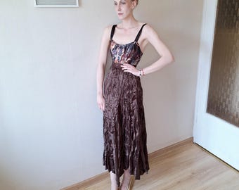 Vintage Dark Brown Maxi Trumpet Skirt: Crinkled Satin Look