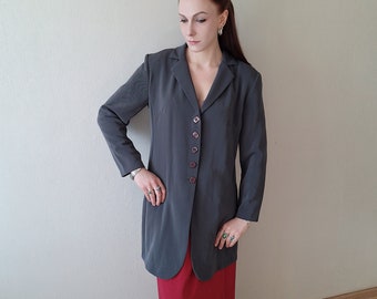 Veste blazer longue vintage des années 90 en gris foncé