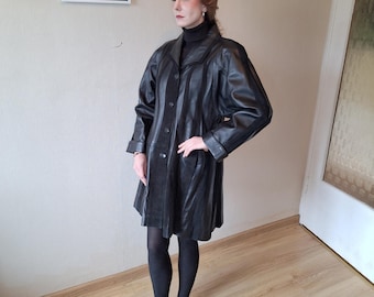 Vintage 1980s Genuine Leather Oversized Jacket With Striped Suede