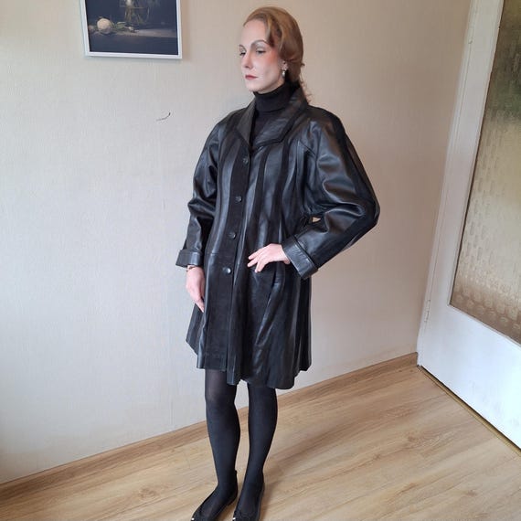 Vintage 1980s Genuine Leather Oversized Jacket With Striped Suede
