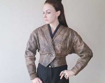 Veste courte vintage en cuir véritable à manches bouffantes et fronces des années 80 en marron ombré