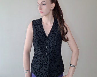 Gilet élégant Betty Barclay vintage des années 1980 avec imprimé à fines rayures et motif tourbillonnant en noir