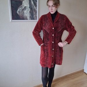 Vintage velvet look-alike feminine patchwork jacket with crocheted lace trims in burgundy red