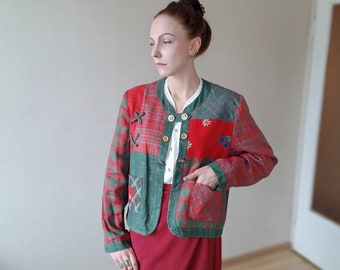 Vintage 90er-Jahre-Blazer aus 100 % Leinen mit ungleichem Karomuster und Patchwork in leuchtendem Rot und Grün