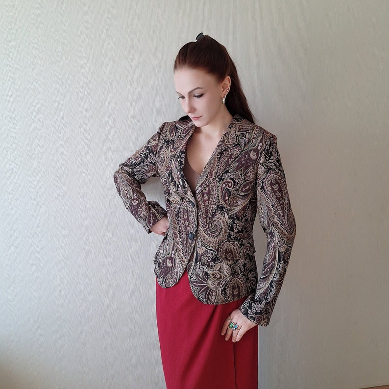 Blazer sartoriale classico vintage anni '90 con stampa paisley/astratta in multicolor immagine 4