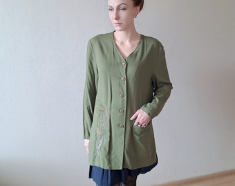 Vintage 1990s relaxed longline blouse with floral embroidery in olive green