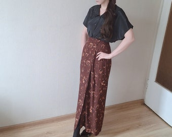 Vintage 90er Jahre Maxi Wickelrock in Braun mit Blumenmuster