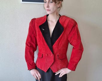 Vintage 80s Suede Cropped Blazer: Red with Black V-Neck Collar